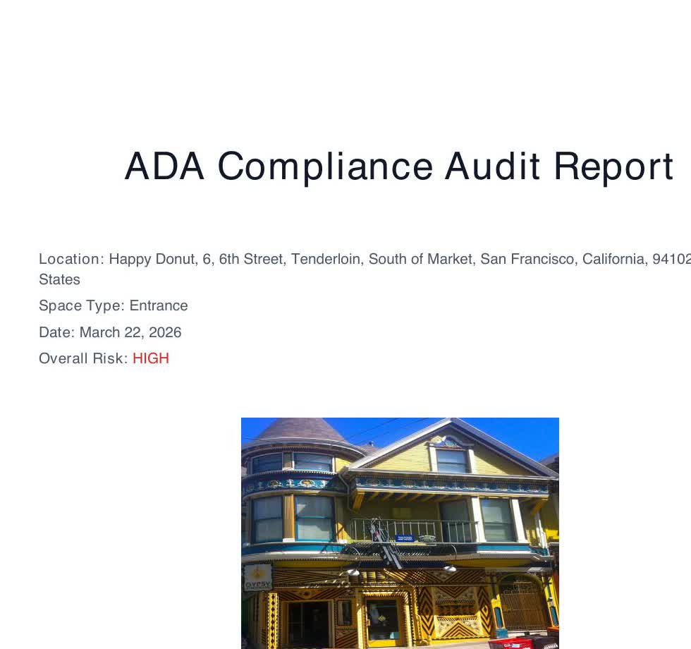 ADA compliance audit report showing a risk rating, location details, and the analyzed building photo.
