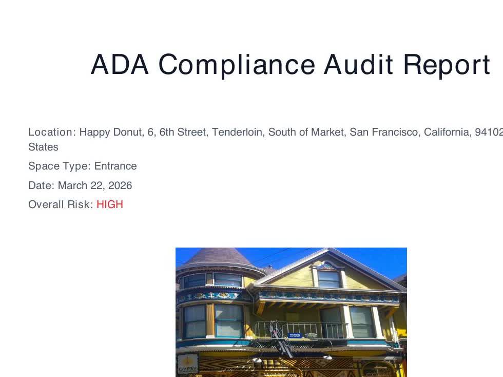 ADA compliance audit report showing a risk rating, location details, and the analyzed building photo.